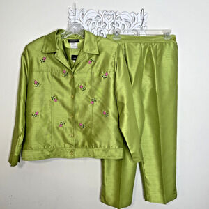 AMY JESS Women's Small 3-Piece JACKET TOP PANT Set Chartreuse GREEN Made in USA